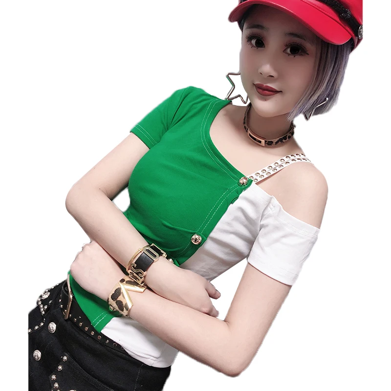 

High Street Patchwork Off Shoulder Diamonds Tshirt 2019 New Summer Women Button Top Shirt Clothes Camiseta Mujer T94118L