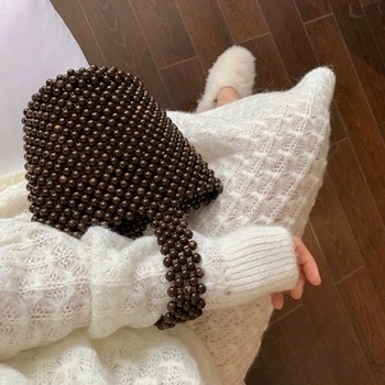 

Women Acrylic Pearl Tote Top-handle Braided Bead Bucket Bag Handmade Drawstring Small Hollow Handbags Ladies Party Evening Bags