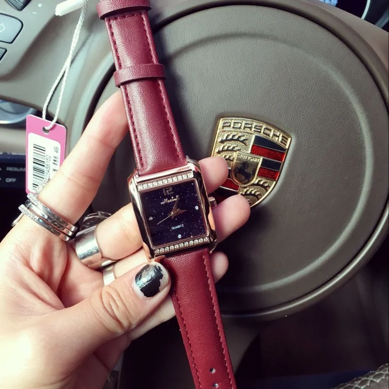

Dropshipping New Fashion Luxury Leather Strap Women's Watch Starry Dial With Diamonds Rose Gold Square Ladies Watch reloj mujer