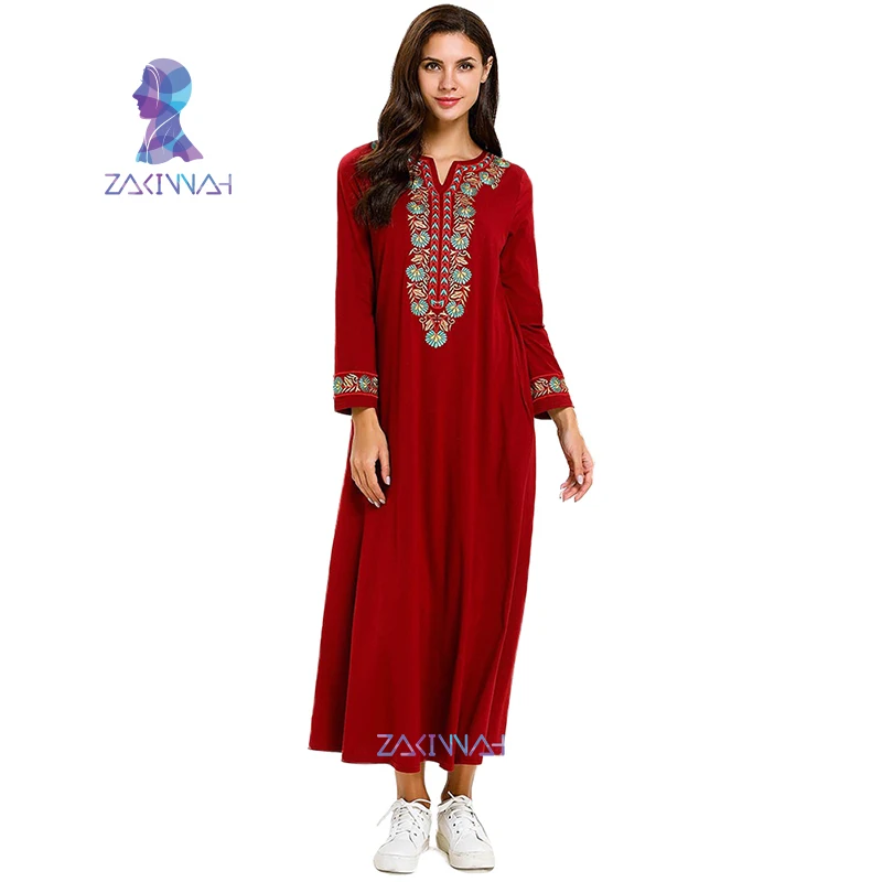 7713 Большие размеры исламское платье Дубайский Восточный халат, абайя модное красное платье с длинными рукавами мусульманский женское