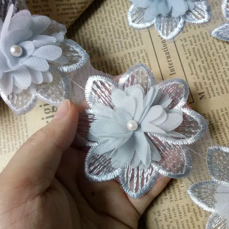

10X Light Blue Rose Flower Pearl Chiffon Embroidered Lace Trim Ribbon Fabric Sewing Craft Patchwork Handmade DIY Decoration