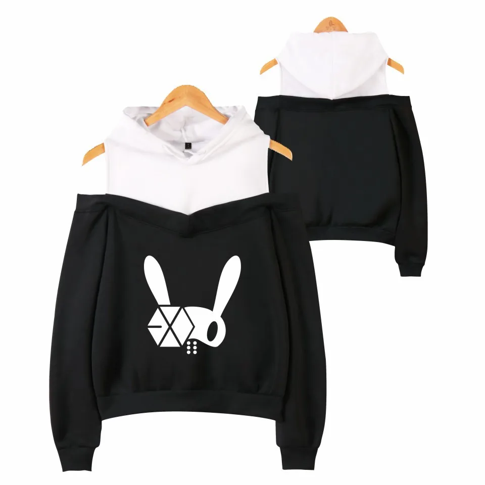 

2019 new Kpop EXO letters printing kawaii off-shoulder Hoodies women Harajuku hooded Sweatshirts Casual Girl Sexy Pullovers Tops