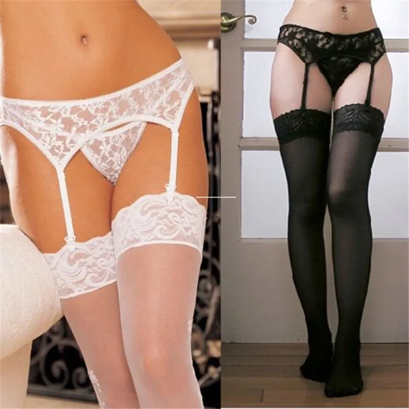 Lace Transparent Sexy Stockings Set Female Erotic Lingerie Sexy Knee High Nylon Stockings+Wedding Garter Belt Women's Underwear Lace Transparent Sexy Stockings Set Female Erotic Lingerie Sexy Knee High Nylon Stockings+Wedding Garter Belt Women's Underwear