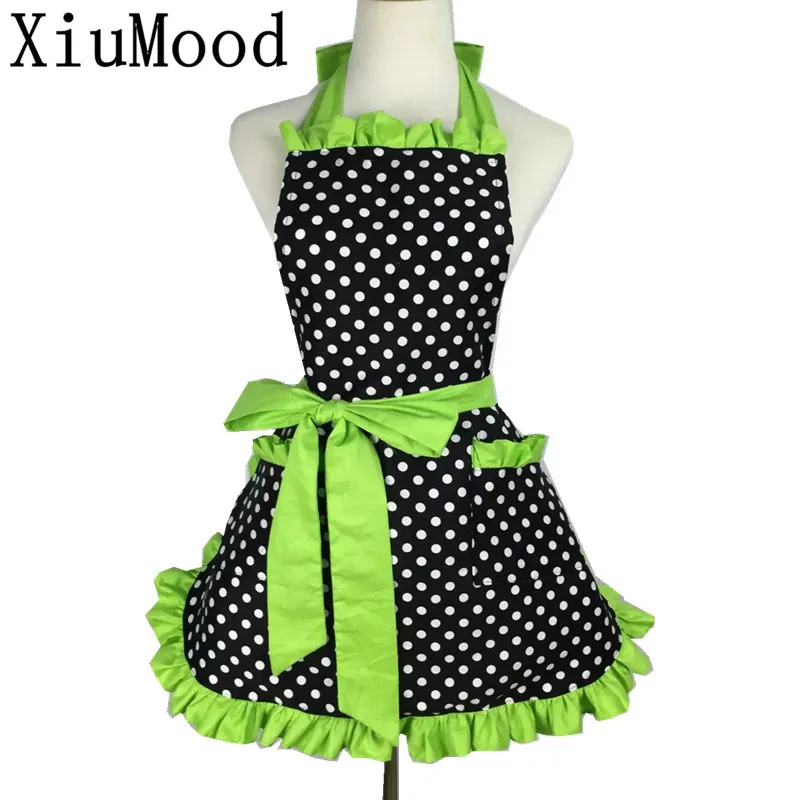 

XiuMood Fashion Sexy Aprons 100% Cotton Cute Bib White Dots Kitchen Cooking Women Apron Dress With Pocket Gift