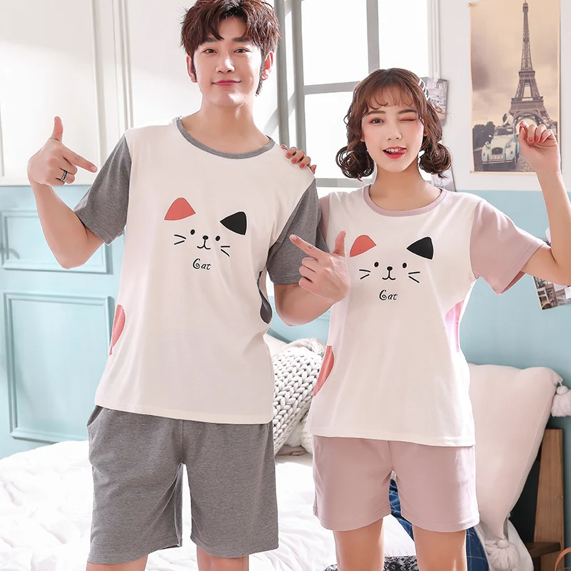 

Big Size M-4XL Couples Pajamas Sets Men Women Short Sleeve Sleepwear Cartoon Cat Sleepwear Nightshirt Cotton Lovers Homewear