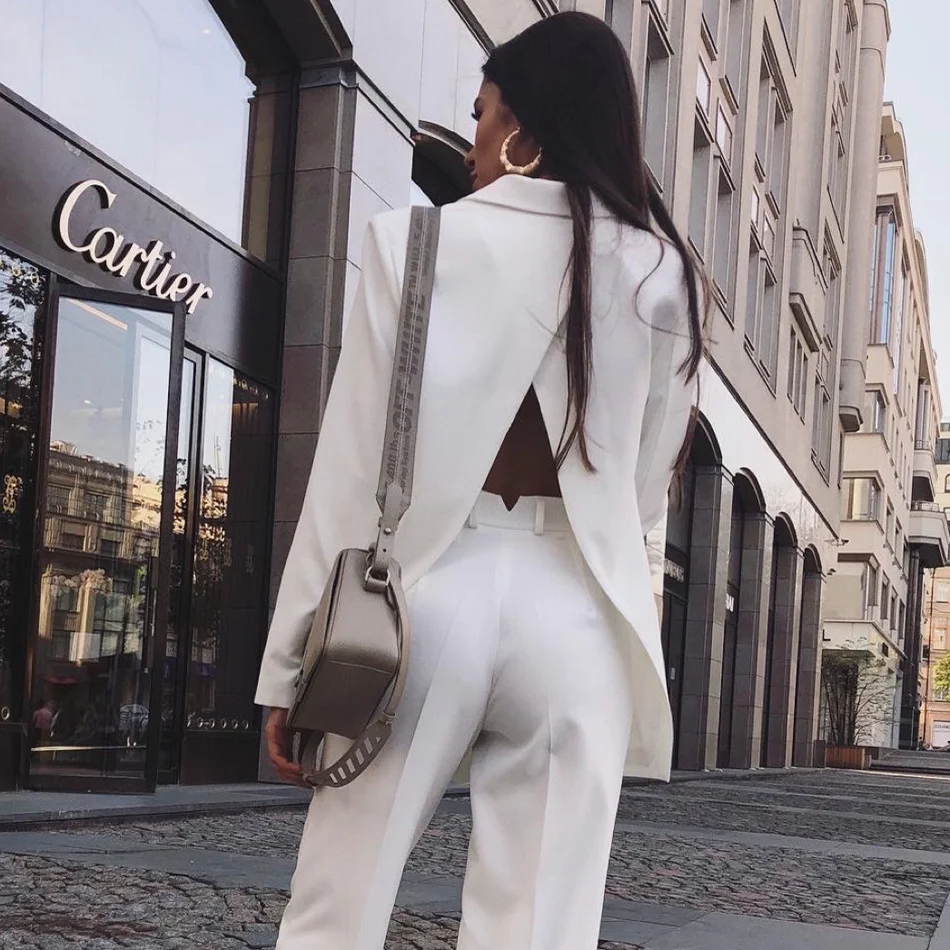 Crisp Back Slit Two Piece Blazer Pants Set Women Long Sleeve V Neck Cut Out Button Embellished 