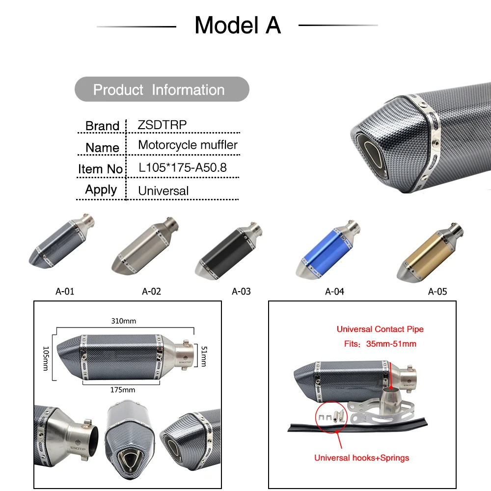 ZS MOTOS 38-51 мм мотоцикл мотокросса выхлопная труба akrapovic глушитель Escape Moto NINJA GSXR TAMX ER6N GY6 YZR R6 CBR125 CB400