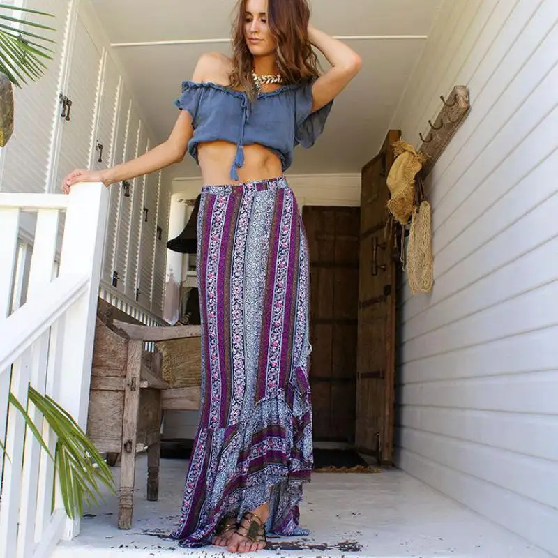 Bohemian Long Skirts Womens Sexy Slit Ruffles Elastic Waist Summer ...