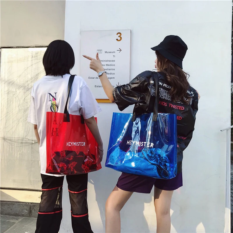 

2019 Transparent PVC Handbag beach Shoulder bag Women New Trend Tote Hot Sale Jelly Color Plastic Clear Bag Large capacity