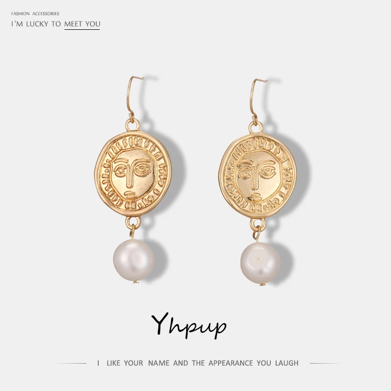 

Yhpup Trendy Vintage Round Zinc Alloy Dangle Earrings Face Geometric Baroque Natural Pearls Oorbellen Women Party Jewelry Gift