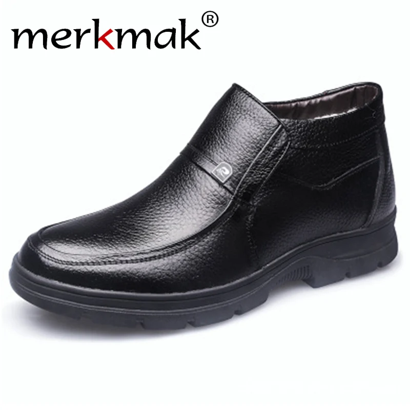 

merkmak 100% Genuine Leather Boots Men Ankle Boots Winter High Top Male Snow Shoes Keep Warm Men's Shoes Brand Formal Boots