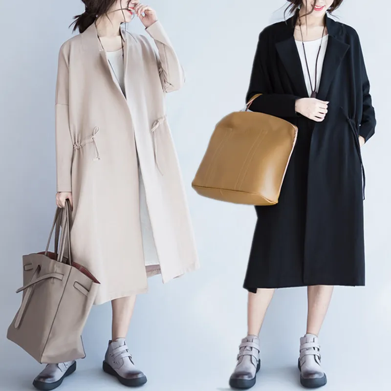 

BIG SIZE 4XL Spring Fall Women OL Fashion Windbreaker Waistcoat Lady Female Plus Large Long Trench Drawstring Outwear Suit Coat