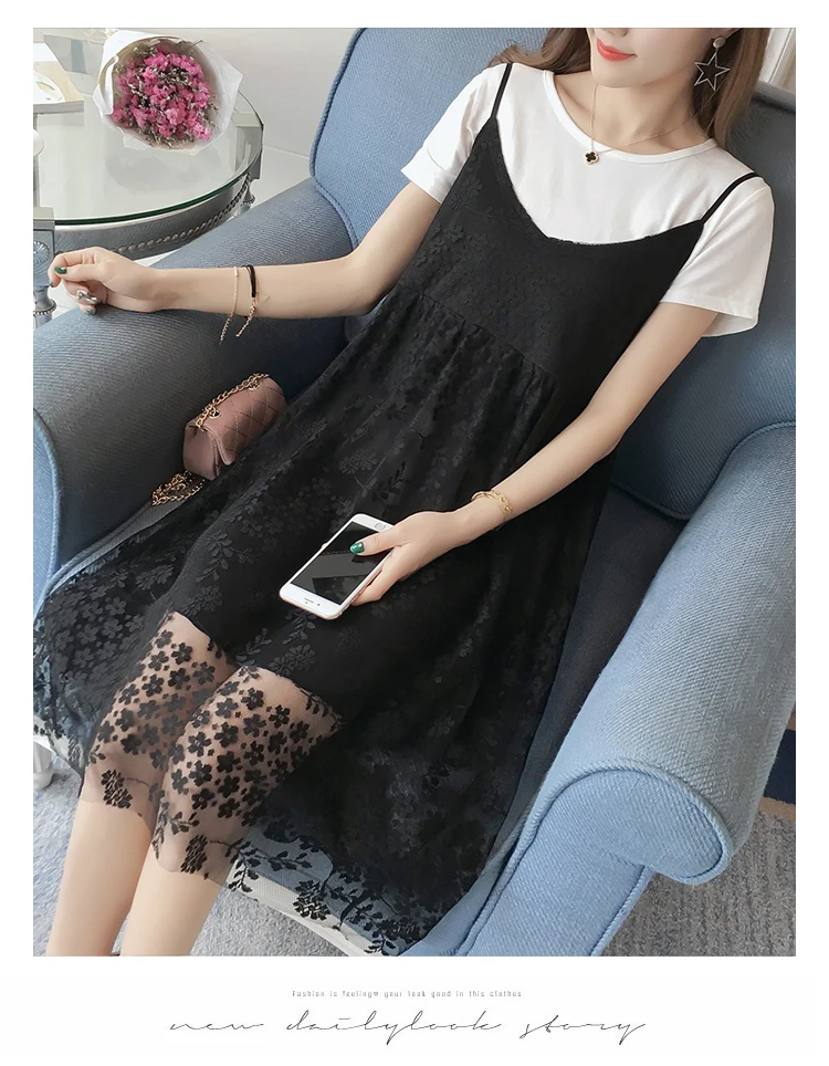 Корейская мода лето беременных женщин из грудного вскармливания футболка + длинный раздел кружевная, с цветочным узором и ручкой платье из