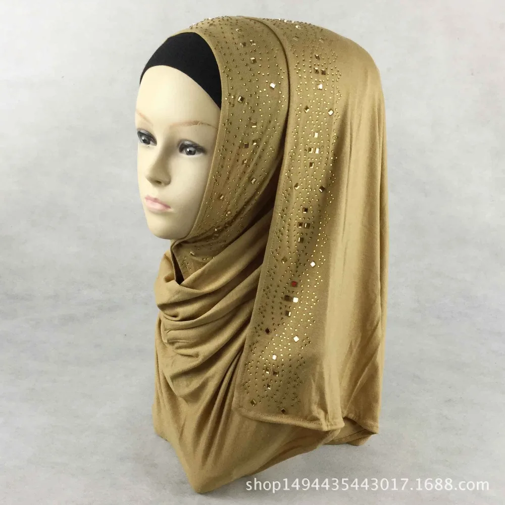 Сплошной хиджаб шарф с Стразы длинный шарф для мусульманки, хлопок хиджаб шарф
