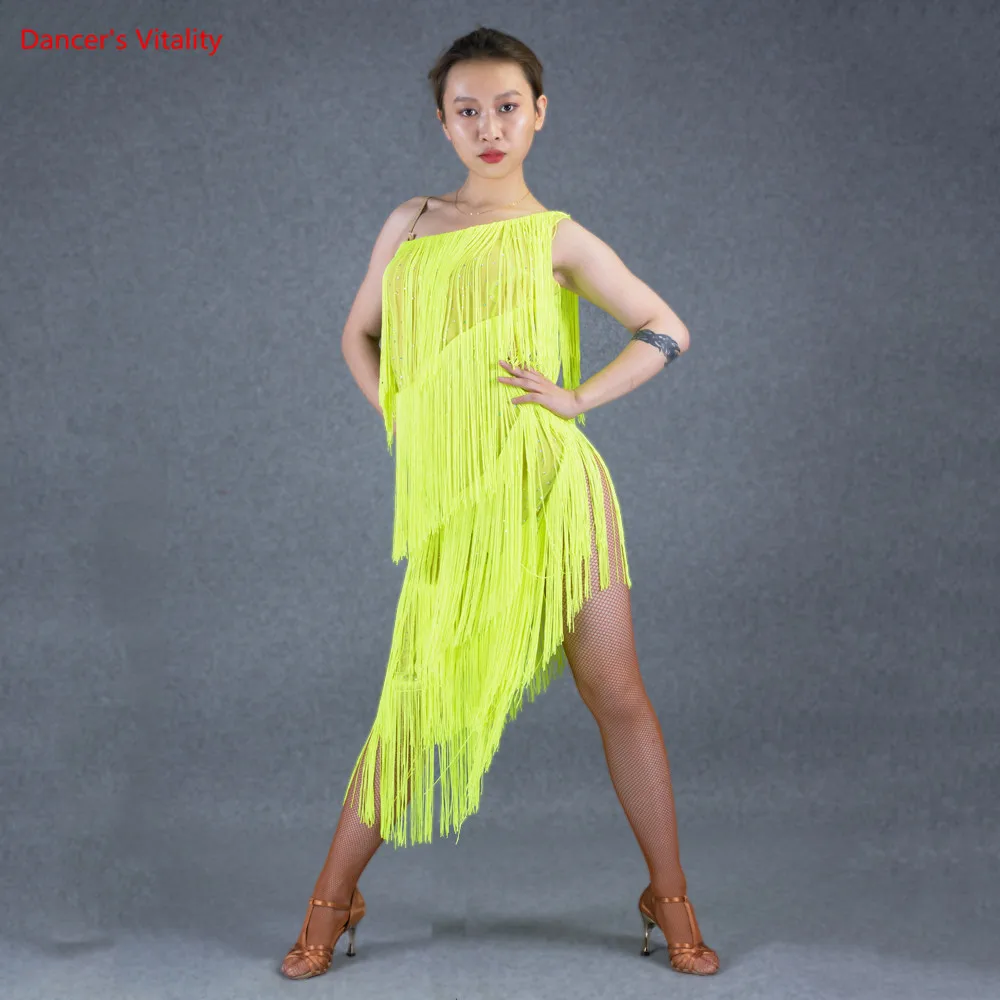 

Adult Female Latin Dance Dress Sexy Backless Tassel Beveled Dresses Women Rumba Samba Cha Cha Dance Performance Costumes