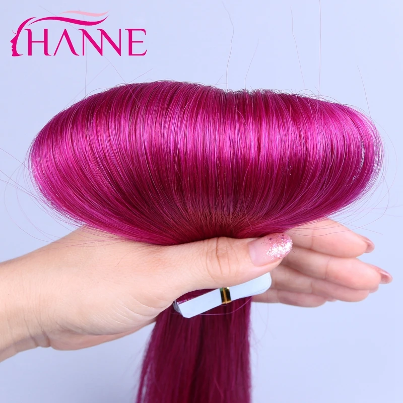 HANNE pink /red virgin brazilian seamless skin weft hair extensions 20