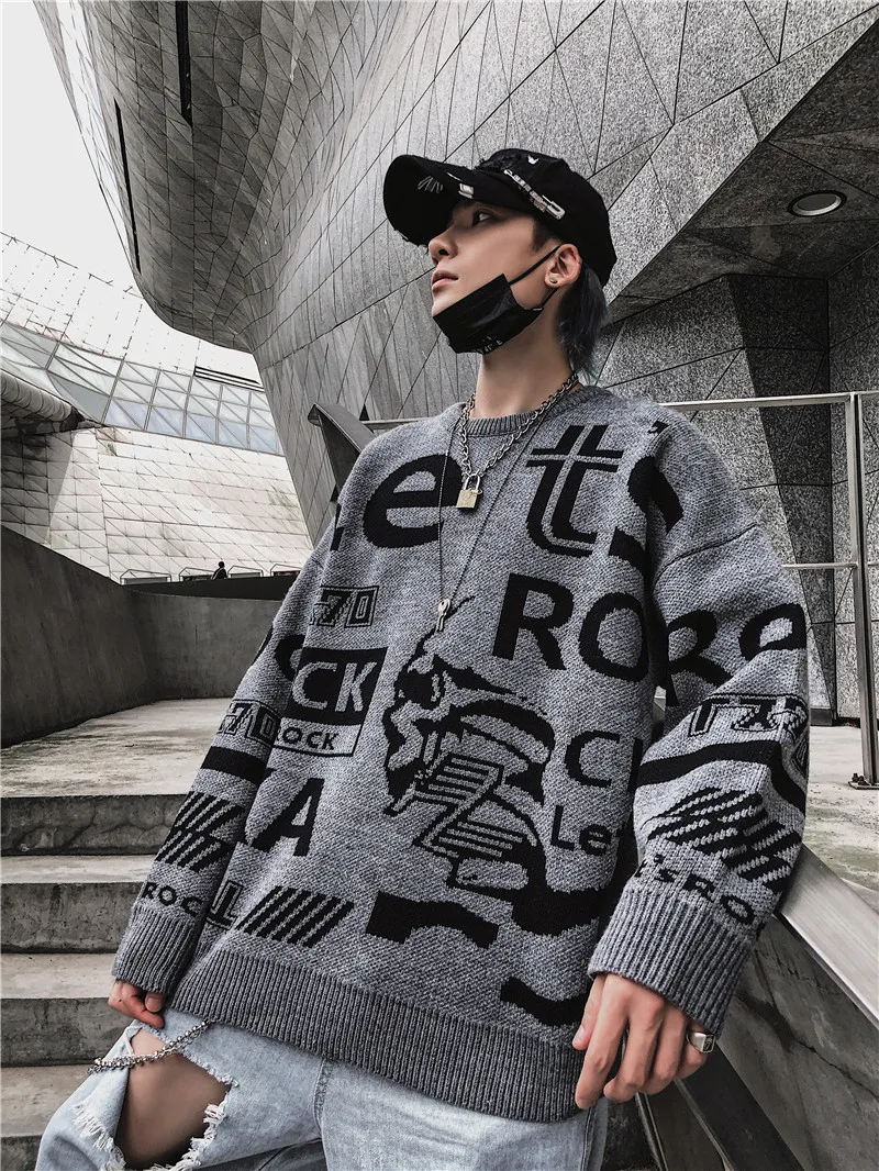 Dark Icon Letter Round Neck Hip Hop Sweater Men Autumn Winter Pullover Men’s Sweaters Loose Sweater Men