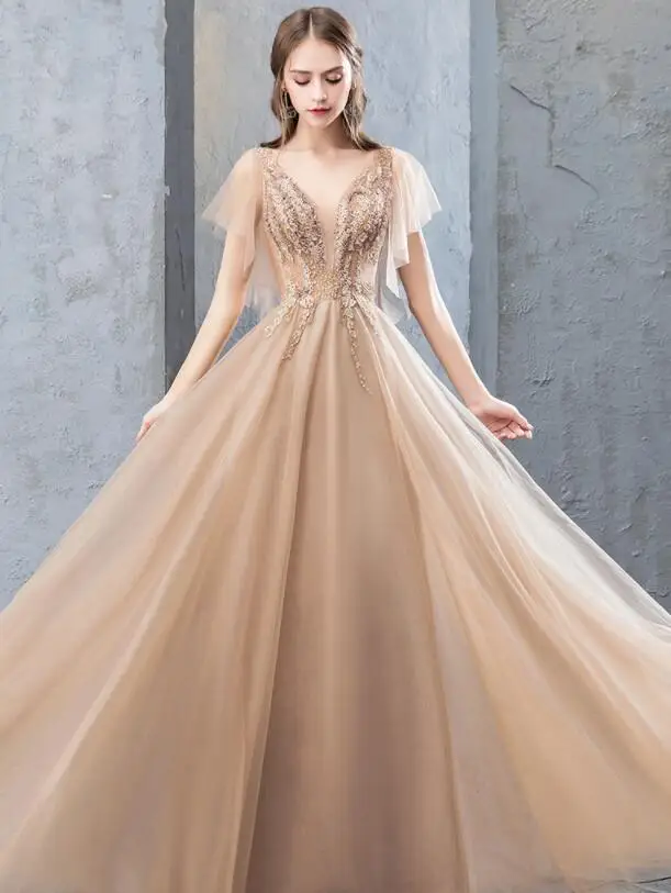 

2019 new ladies long dress V-neck embroidered bright diamond dignified atmospheric banquet party women's clothing Party dress
