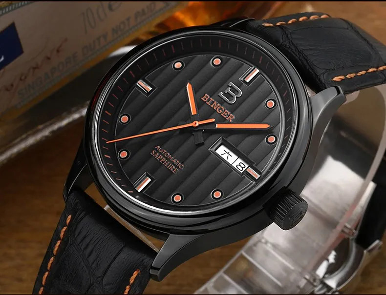 Бизнес часы Бингер Элитный бренд Часы автоматические часы механические движения кожаный ремешок 30 м Водонепроницаемость Relogio masculi