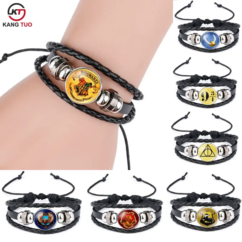 

Vintage Movie Harry P Magic Academy Badge Logo Charm Bracelets & Bangles Time Gem Leather Bracelet Jewelry Fans Gifts