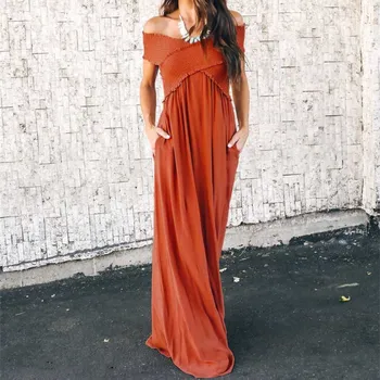 

Summer Beach Long Maxi Dress Women Solid Off Shoulder Backless Party Dress Womens Short Sleeve Dresses Vestido