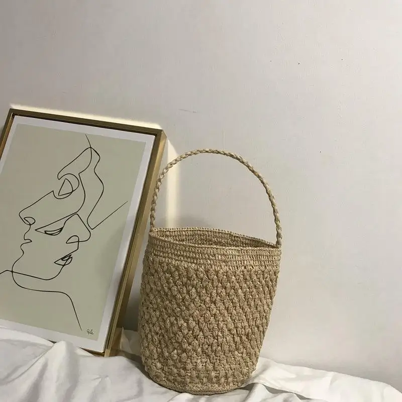 

JHD-Woven Bag Manual Straw Knit Beach Totes Bag Bucket Summer Striped Women Handbag Braided Large Basket Bag