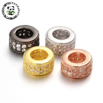 

10pcs Brass Metal Micro Pave Cubic Zirconia Beads, Large Hole Rondelle Beads, Lead Free & Nickel Free, 8.5x4mm, Hole: 4.5mm