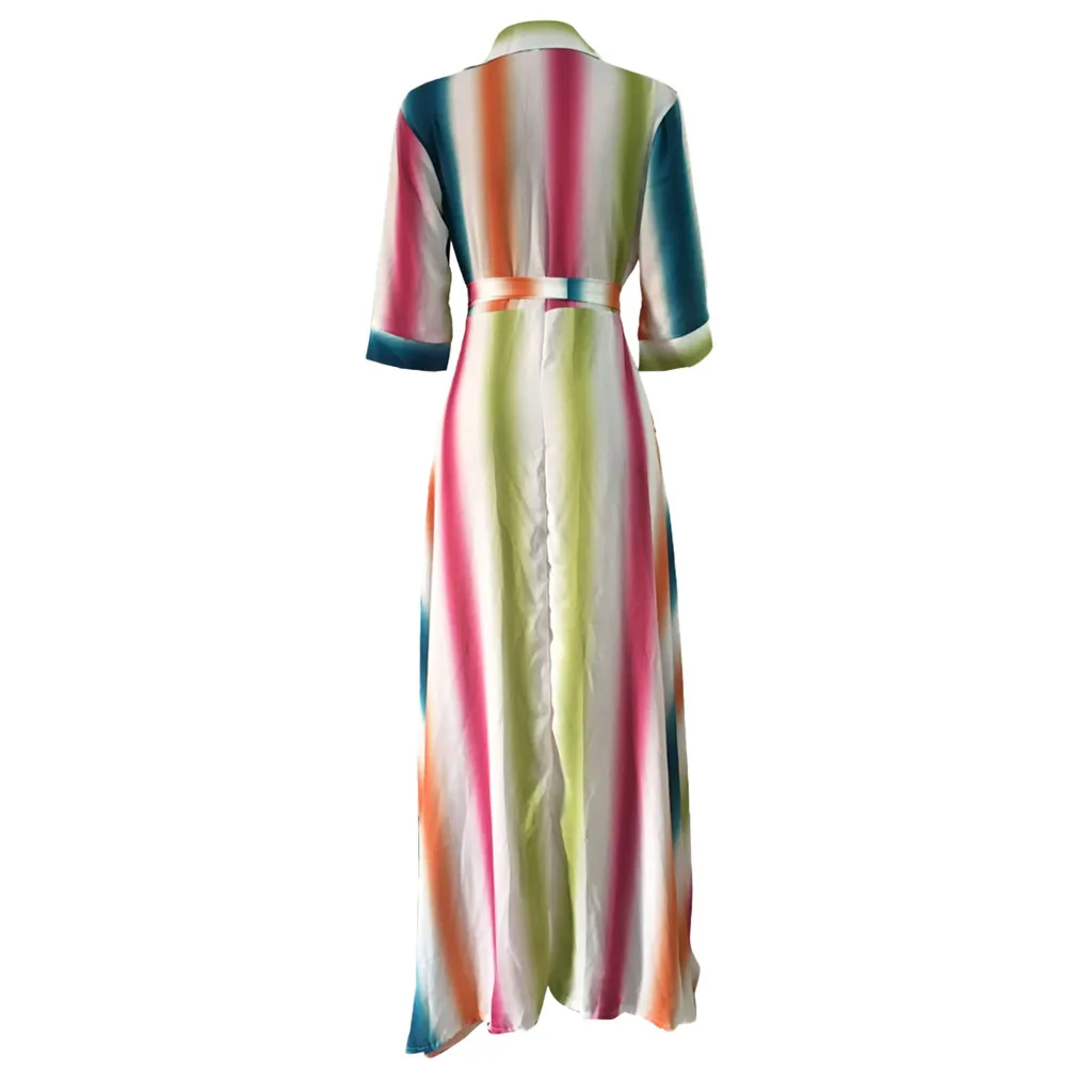 Женское Повседневное платье макси с отложным воротником, разноцветное Полосатое платье-рубашка с поясом, рукав три четверти, длинное платье, женское платье