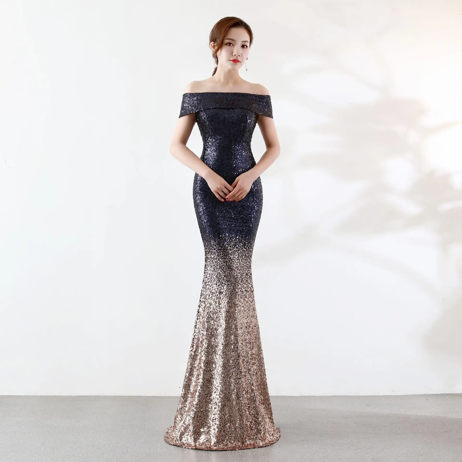 

Navy Gold Boat Neck Gradient Green Sequins Beading Vestidos De Festa Backless Mermaid Formal Long Evening Dresses Party Gowns