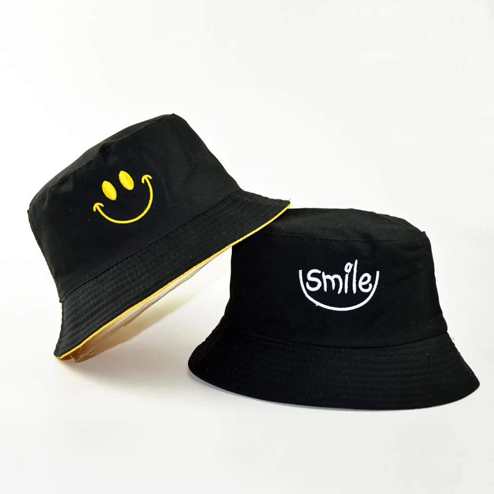 

Reversible Bucket Hat for Women Cotton Smiley Embroidery Double Sides Panama Hat Spring Autumn Cool Hat Men