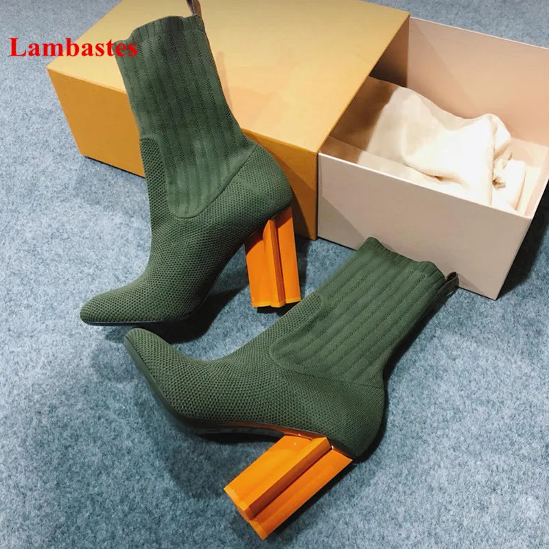 

Boots Women 2018 Hot Army-green Pointed Toe Strange Heel Knitted Stretch Socks Women Ankle Boots Winter Casual Botas Feminina