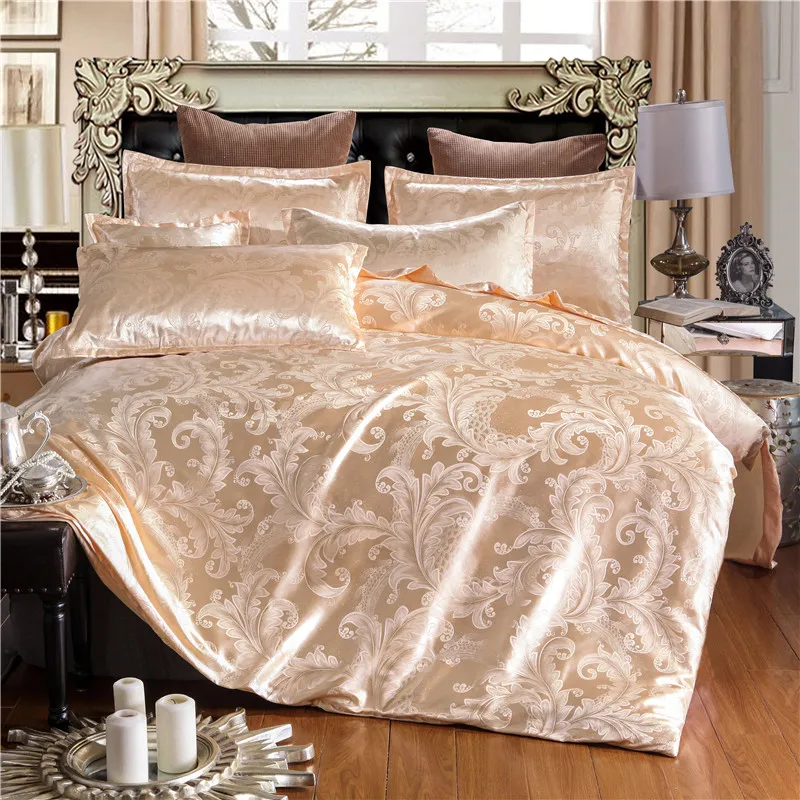 4 шт., золотой белый цвет, роскошные постельные принадлежности, королевская кровать, набор, шелк, хлопок, пододеяльник, простыня, наволочка