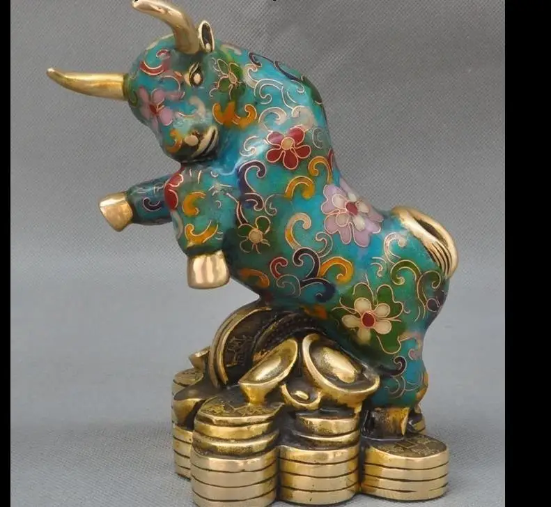 

671115574+++Old China bronze Cloisonne Enamel Wealth Yuanbao Zodiac Oxen Bull Animal Statue