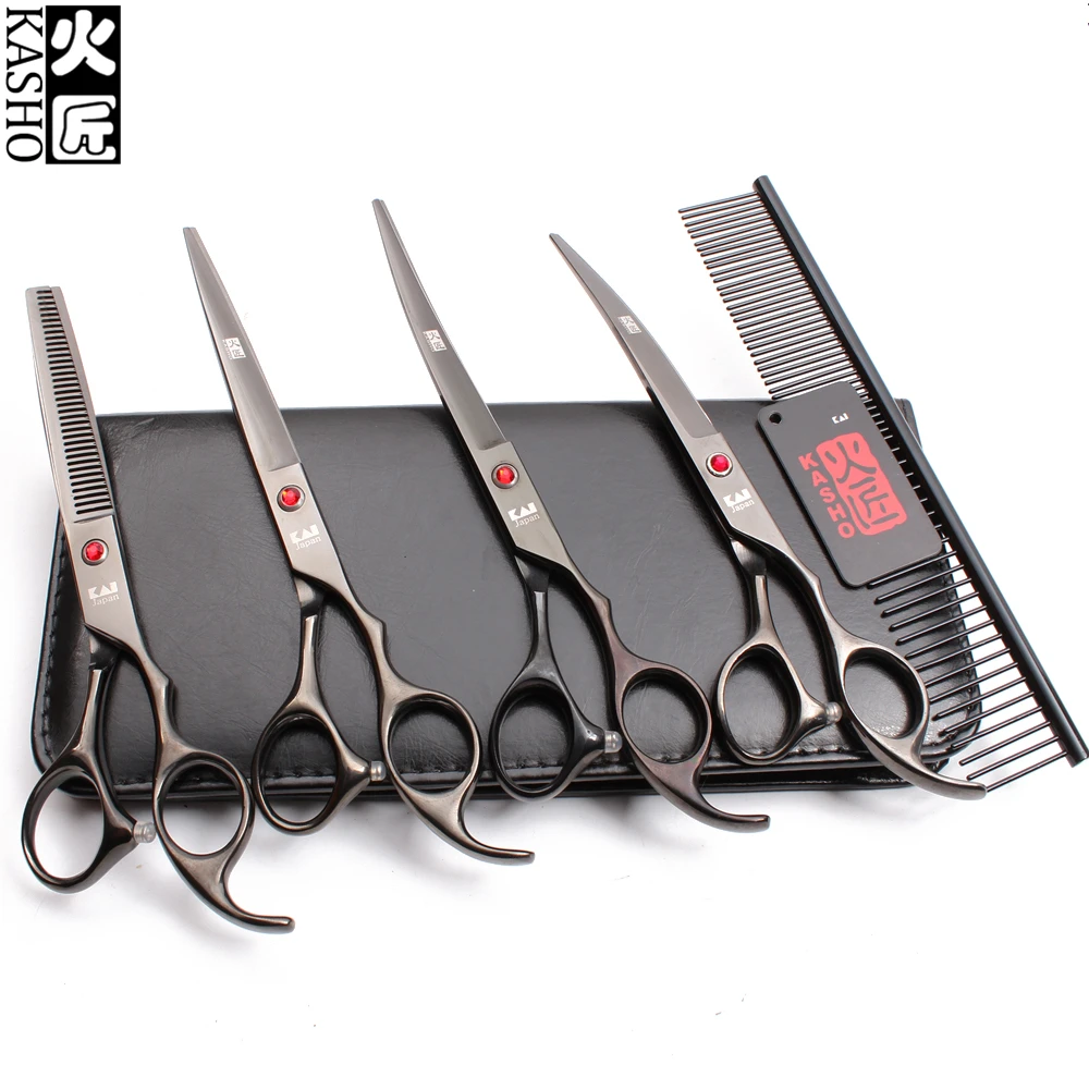 

7" 440C Kasho Black Animal Shears Dog Grooming Shears Straight Scissors Thinning Shears Up&Down Curved Scissors Pet Shears H3003