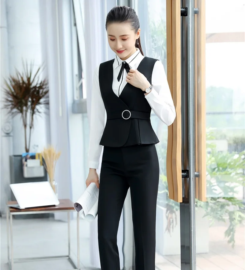 Fashion Women Wasitoat & Vests Black Ladies 2 Piece Pant and Top Sets Office Uniform Stylesin