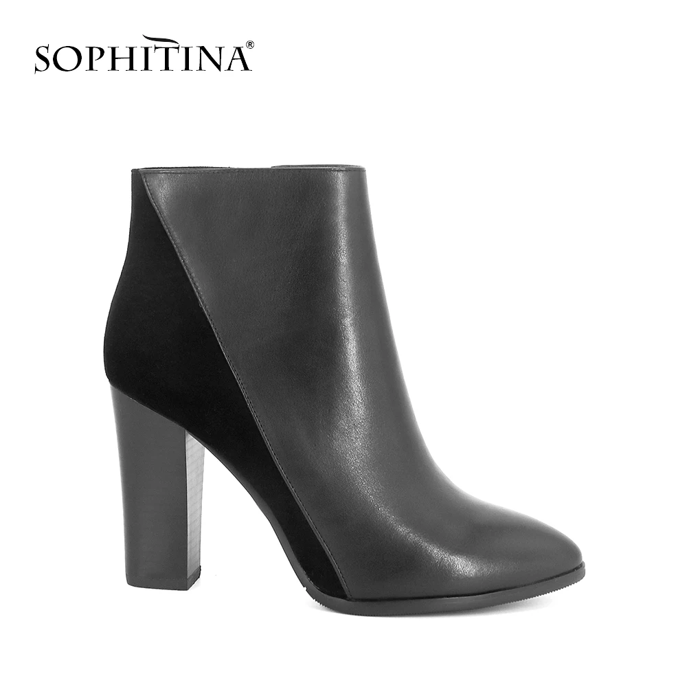 

SOPHITINA Fashion Woman Boots Black Sheepskin+Kid Suede Handmade Ankle Boots Thick Heel Zipper Round Toe Basic Leather Boots B96