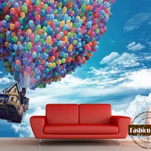 Пользовательские 3d дети мультфильм Обои фреска Летающий дом с воздушным шаром вверх голубое небо ТВ диван детская спальня гостиная фон