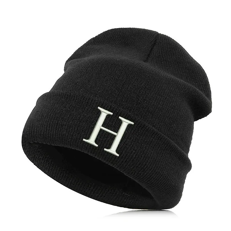 Beanie Hat Skullie Cap Slouchy Winter Embroidery Punk Cool Men Women Boy Girl Teens Street Dance- Alphabet H Name Abbreviation - Цвет: Черный