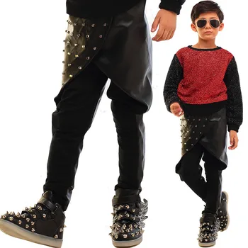 

Adult Kids Boys Rivet Faux Leather Sweatpants Panelled Patchwork Slim Pencil Pants White Black Harem Hip hop dance pants