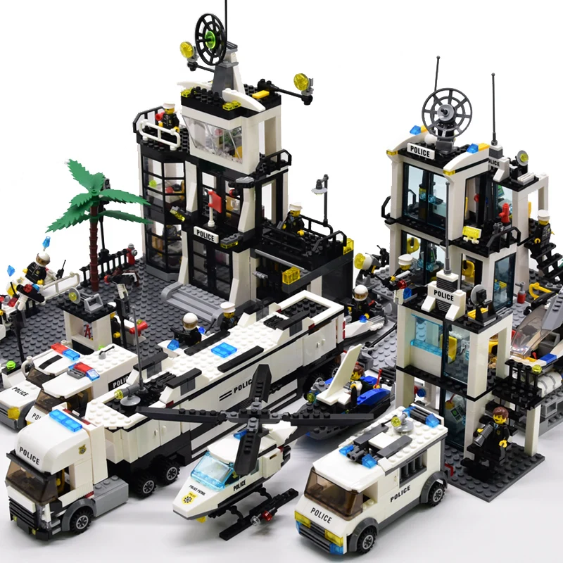 

KAZI City Police Station Helicopter Boat Truck Building Blocks Mini Bricks Figure Baby Enlighten Toys For Children Boys