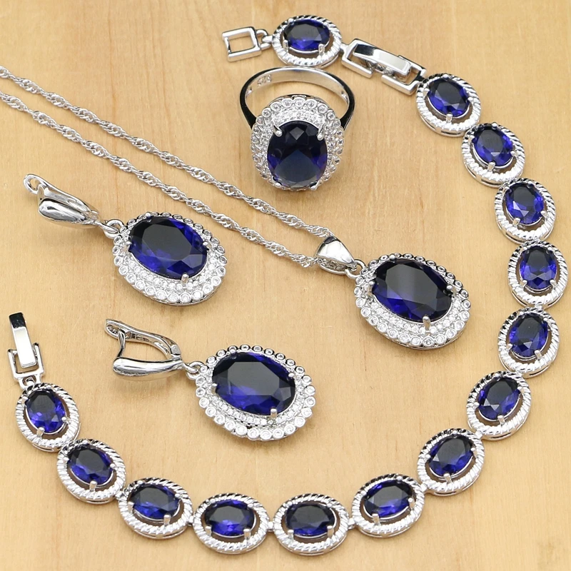 Silver 925 Jewelry Blue Set Natural Zircon White Crystal Costume For