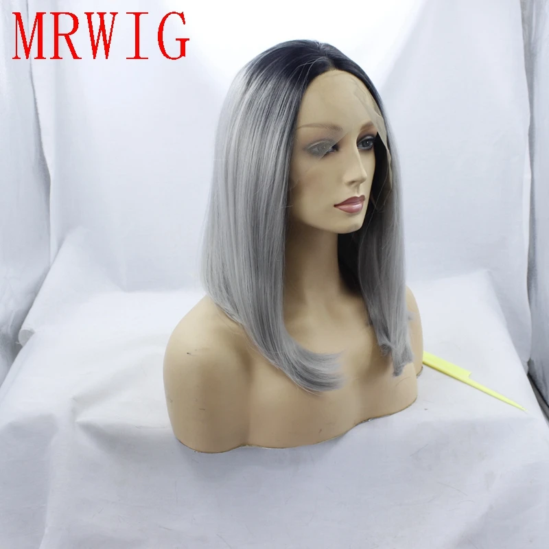 MRWIG 14in Real Hair Short Bob Straight Type 1b#Black Ombre Medium Grey Glueless Hand Tied Synthetic Lace Front Wigs