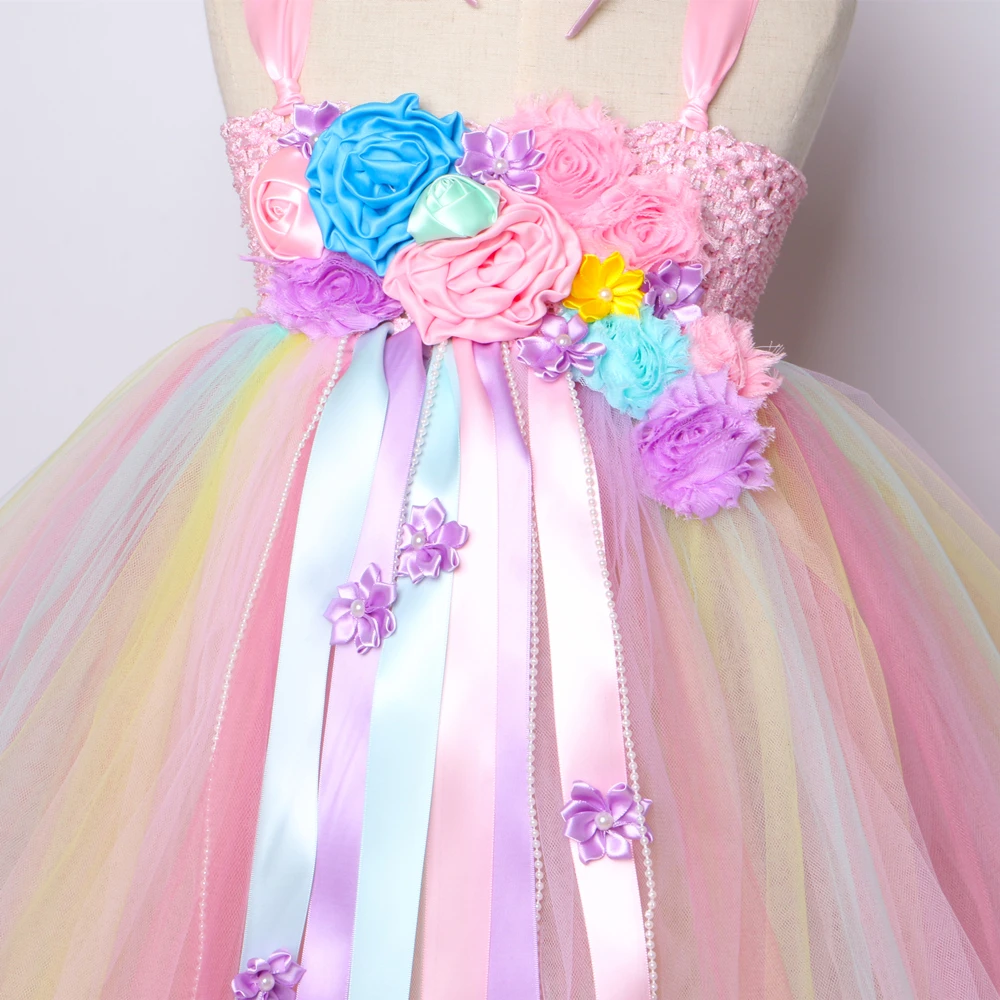Платье-пачка с единорогом для девочек; пастельная Радуга; платье принцессы с цветочным узором для девочек; Детские праздничные платья; костюм единорога на день рождения, Хэллоуин; для детей 1-14 лет