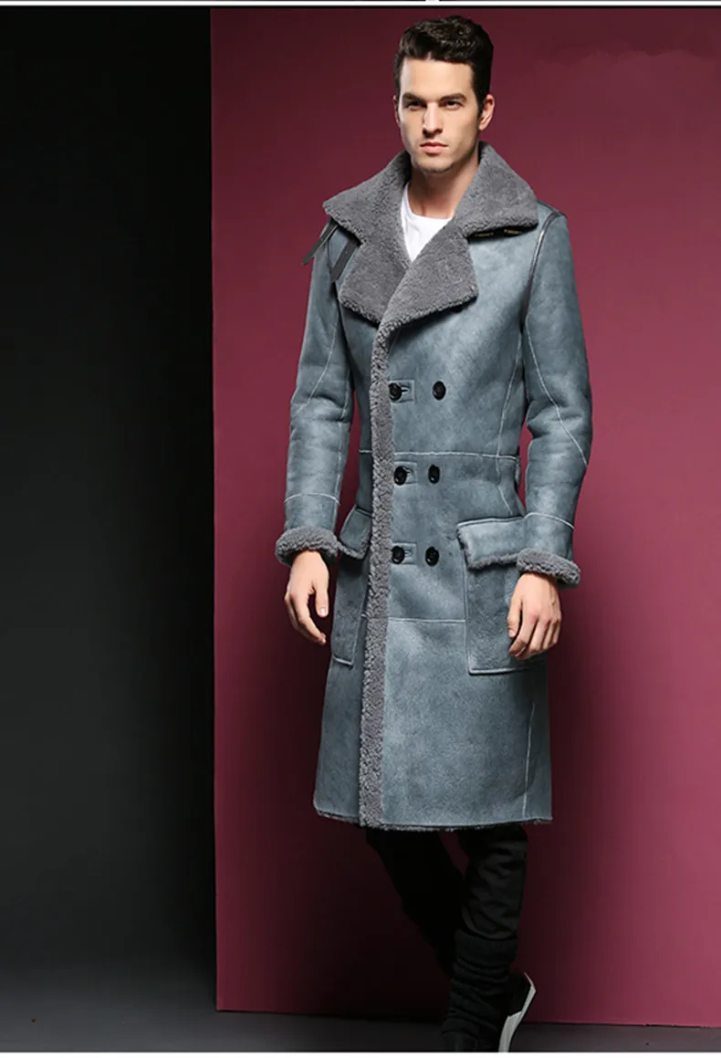 Fashion Long Genuine leather jacket men long natural