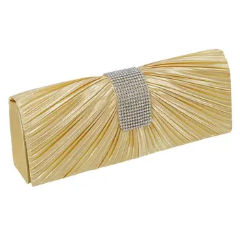 

NEW WOMEN SATIN DIAMANTE LADIES PLEATED WEDDING BRIDAL PROM HANDBAG CLUTCH BAG GOLD