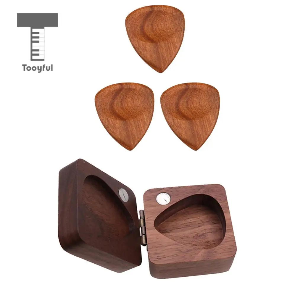 Guitar Pick Plectrum Wood Box+3pcs Wooden Guitar Pick for Guitar Lover Musical Gift
