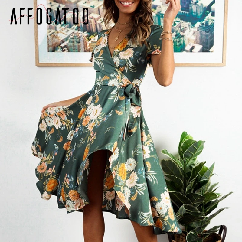

Affogatoo Boho vintage sexy floral print women dresses High waist summer midi dress Elegant ruffle ladies party dress vestidos