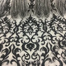 Блестящая блестящая кружевная ткань с блестками, африканская Тонкая ажурная ткань для свадебного платья/вечернего платья H-45 черного цвета