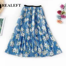REALEFT/Новое поступление, Летние Женские Плиссированные Юбки-миди с цветочным принтом и сеткой, с высокой талией, тюлевые Юбки До Колена в стиле Харадзюку
