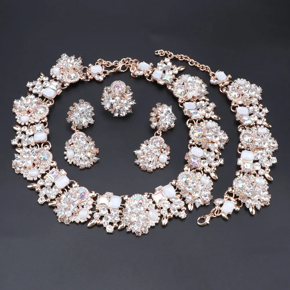 Роскошный кристалл массивное ожерелье серьги браслет кольцо набор AB Цвет Ювелирные наборы индийский свадебный костюм ювелирные изделия